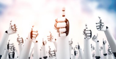XAI 3D illüstrasyon Robotu, yapay zeka düşünme ve makine öğrenme sürecini kullanarak 4. Sanayi Devrimi 'nde elde edilen hedefleri kutlamak için ellerini kaldırdı. Üç Boyut
