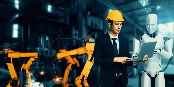 stock image XAI Mechanized industry robot and human worker working together in future factory. Concept of artificial intelligence for industrial revolution and automation manufacturing process.