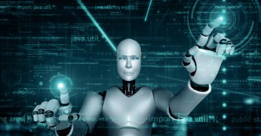 XAI 3d illüstrasyon Futuristik robot yapay zeka insansı yapay zeka programlama kodlama teknolojisi geliştirme ve makine öğrenme kavramı. İnsanlığın geleceği için robot biyonik bilim araştırması