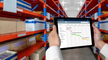 Ekip projesinin zaman çizelgesini gösteren bilgisayar ekranında, modern iş projesi yönetimi için proje planlama yazılımı