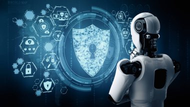 XAI 3D illüstrasyon yapay zeka robotu bilgi gizliliğini korumak için siber güvenliği kullanıyor. Yapay zeka ve makine öğrenme süreci tarafından siber suçları önleme konsepti. 3B görüntüleme