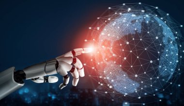 XAI 3D Renching futuristik robot teknolojisi geliştirme, yapay zeka yapay zeka ve makine öğrenme konsepti. İnsan hayatının geleceği için küresel robot biyonik bilim araştırması.