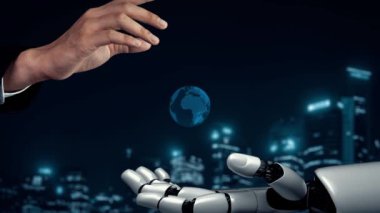 XAI Fütürist robot yapay zeka yapay zeka aydınlatıcı yapay zeka teknoloji gelişimi ve makine öğrenme kavramı. İnsan hayatının geleceği için küresel robot kuantum bilimi araştırması. 3B görüntüleme grafiği