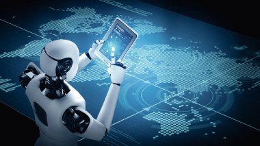 Büyük veri analizi için tablet bilgisayar kullanan XAI 3D illüstrasyon robot hominoidi. 4. Sanayi devrimi için yapay zeka ve makine öğrenme sürecini kullanan yapay zeka.