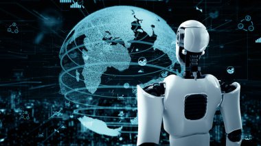 XAI 3D illüstrasyon Gelecek Finansal Teknoloji Kontrolü Yapay Robot Huminoid makine öğrenimi ve yapay zeka kullanarak iş verilerini analiz ediyor ve yatırım ve ticaret hakkında tavsiyelerde bulunuyor