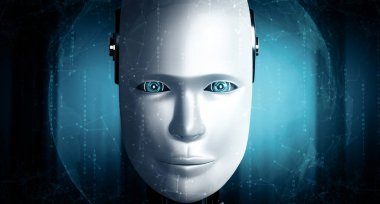 XAI 3D illüstrasyon robotu insansı yüzü, 4. endüstriyel devrim için yapay zeka ve makine öğrenme süreci olan yapay zeka ve beyin grafiksel konseptini yakından gösteriyor. 3B görüntüleme