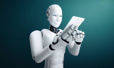 XAI 3D illüstrasyon robotu insansı cep telefonu ya da tablet kullanırken yapay zeka ve makine öğrenme sürecini kullanacak. 4. Sanayi Devrimi 3 boyutlu