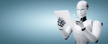 XAI 3D illüstrasyon robot robotu geleceğin ofisinde tablet bilgisayar kullanarak yapay zeka, yapay zeka ve makine öğrenme sürecini kullanarak. 4. Sanayi Devrimi 3 boyutlu