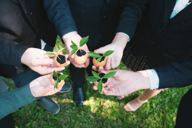 Bir grup iş adamı yumurta kabuğunu gübre tenceresine dönüştürüp, kurumsal yeniden ağaçlandırma projesinin bir parçası olarak filizlenme ve büyümeye olan bağlılığı sembolize ediyorlar. Döngü
