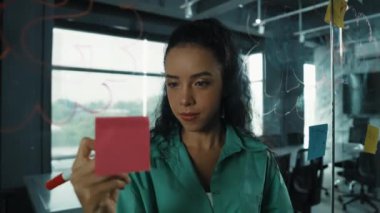 Fikirlerini paylaşmak için cam duvara yapışkan notlar yapıştıran zeki, yetenekli İspanyol menajer. Ofisteki cam tahtada yapışkan notlar kullanarak iş planı yapan profesyonel bir iş kadını. Yönlendirici.