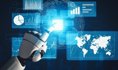XAI 3D yorumlama fütürist robot teknolojisi geliştirme, yapay zeka yapay zekası ve makine öğrenme konsepti. İnsan hayatının geleceği için küresel robot biyonik bilim araştırması.