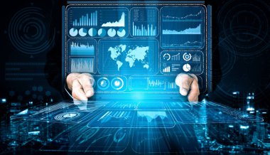 İş Mali Analitik Konsepti için Büyük Veri Teknolojisi. Modern arayüz ekranda iş satış raporları, kâr tablosu ve borsa eğilimleri analizleri hakkında muazzam bilgiler gösteriyor. uds