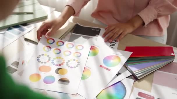 Hand Closeup Two Designer Brainstorming Choosing Color Graphic Design Working — Stock Video