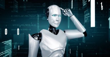 XAI 3d illüstrasyon Futuristik robot yapay zeka insansı yapay zeka programlama kodlama teknolojisi geliştirme ve makine öğrenme kavramı. İnsanlığın geleceği için robot biyonik bilim araştırması