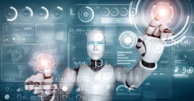 XAI 3d illüstrasyon yapay zeka kullanarak makine öğrenme sürecini kullanarak büyük veri analitiği kavramını gösteren sanal sanal ekrana dokunan yapay yapay robot yapay zeka. 3B görüntüleme.