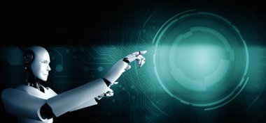 XAI 3d illüstrasyon yapay zeka kavramı ile yapay zeka kavramının fotokopi uzayında parmaklarına dokunan yapay zeka robotu 4. endüstriyel devrim için makine öğrenme süreci. 3B illüstrasyon.