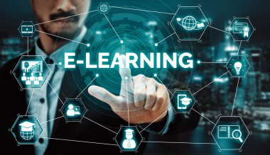 E- öğrenim ve Öğrenci ve Üniversite Konsepti Online Eğitim. Dijital eğitim kursunun teknolojisini gösteren grafik arayüzü insanların her yerden uzaktan öğrenmelerini sağlıyor. uds