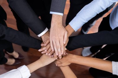 Çok ırklı iş adamları toplantı odasında iş birliği ya da şirket çalışanları için takım oluşturma amacıyla bir araya toplanıyorlar. Çok titiz.