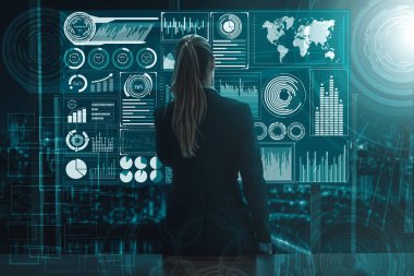 İş Mali Analitik Konsepti için Büyük Veri Teknolojisi. Modern arayüz ekranda iş satış raporları, kâr tablosu ve borsa eğilimleri analizleri hakkında muazzam bilgiler gösteriyor. uds