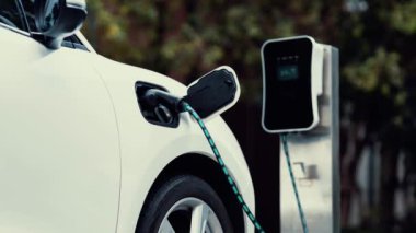 Doğal yeşil araba parkındaki ekolojik temiz enerji şarj istasyonundan gelen fütürist akıllı EV şarj aletinin şarj ettiği elektrikli araba. Alternatif enerji kullanan gelecekçi çevre dostu elektrikli araba. İnceleyin