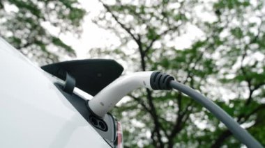 EV elektrikli araç EV şarj istasyonu ulusal park veya açık hava orman manzaralı. Çevre dostu EV arabalarla yaz ormanlarında doğal koruma. Yükselt