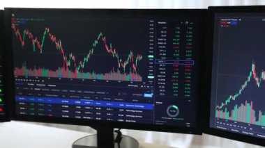 Hisse senedi borsası pazarlamasını analiz eden yavaş çekim şirketindeki yatırımcılar, kayıp için mum bar fiyatını analiz eden monitörlere bakıyor ve kazanç ve kâr elde ediyor. Filizlenen
