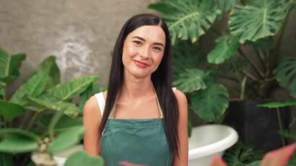Giovane Giardiniere Femminile Che Tende Coltiva Pianta Tropicale Stile Architettonico — Video Stock