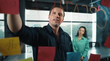 Profesyonel iş adamları yaratıcı pazarlama fikrini modern ofiste tartışırlar. İş adamları cam tahtada yapışkan notlar kullanarak finansal plan üzerinde çalışıyor. Yönlendirici.