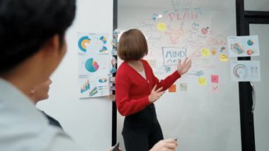Yetenekli genç ve güzel iş kadını, yaratıcı iş toplantısında yakışıklı yönetici dinlerken zihin haritalama ve istatistiksel grafik kullanarak pazarlama fikrini kendine güvenle sunuyor. Tertemiz..