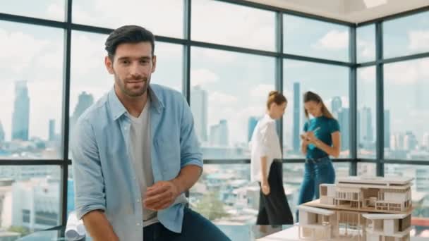 Professional Businessman Sitting Arm Folded While Colleague Discussion House Design — Stock Video