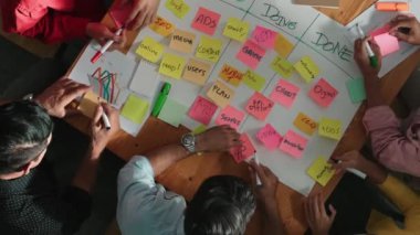 Renkli yapışkan notlarda pazarlama ve planlama stratejisi yazarken insanların yazma ve çalışma tahtası oluşturma konusunda üst düzey bir bakış açısı. Akıllı takım Kanaban tahtasını kullanarak iş performansını yönetir. Cemaat.