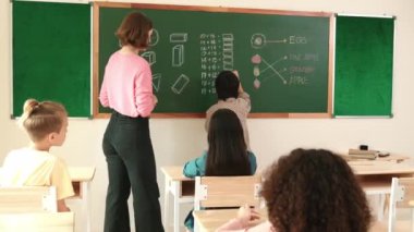 Sınıfta tahtada dikilirken cevap yazan Asyalı zeki çocuk. Genç, güzel bir öğretmen ilkokulda öğrenciye bakıyor ve matematik dersini öğreniyor. Eğitim konsepti. Pedagoji.