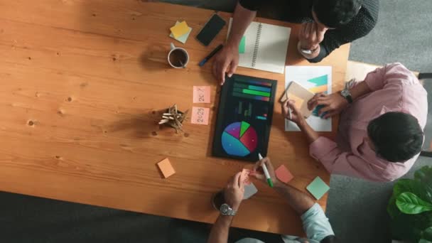 Top Aerial View Diverse Team Writing Colorful Sticky Notes Brainstorm — Stock Video
