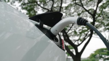 EV elektrikli araç EV şarj istasyonu ulusal park veya açık hava orman manzaralı. Çevre dostu EV arabalarla yaz ormanlarında doğal koruma. Yükselt