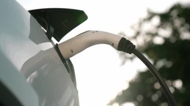 EV elektrikli araç EV şarj istasyonu ulusal park veya açık hava orman manzaralı. Çevre dostu EV arabalarla yaz ormanlarında doğal koruma. Yükselt