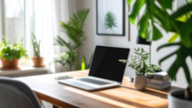 Mobilyaları ve kapalı mekan bitkileriyle ev ofisinin kurulumuna odaklanın. Saygıdeğer.