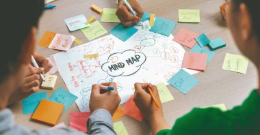 Profesyonel başlangıç grubu zihin haritası kullanarak yaratıcı pazarlama fikrini paylaşıyor. Genç yetenekli iş adamları yapışkan notlar yazarken beyin fırtınası planı yapıyorlar. Eline odaklan. - Yakın çekim. Değiştirilmiş.