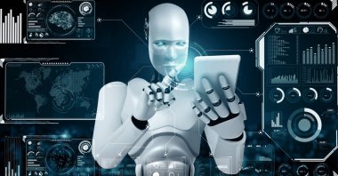 XAI 3D illüstrasyon Robot hominoidi büyük veri analizi için 4. Endüstriyel Sanayi için yapay zeka ve makine öğrenme sürecini kullanarak cep telefonu veya tablet kullanır.