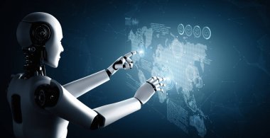 XAI 3d illüstrasyon yapay zeka yöntemini kullanarak sanal ekrana dokunan yapay robot yapay zeka ile küresel iletişim ağı kavramını gösteriyor. 3B illüstrasyon