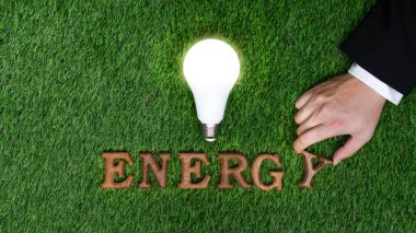 Çevre dostu enerjiyi ve sürdürülebilir Dünya için CO2 emisyonunu azaltmak için sınırlı enerji tüketimini teşvik etmek amacıyla biyofili yeşil çimen arka planı hakkında ECO bilinçlendirme kampanyasında ahşap alfabeyi elle düzenleyin. Gyre