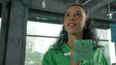 Genç İspanyol çalışanlar renkli yapışkan notlar yazıyorlar. Akıllı iş kadını pazarlama fikrini, beyin fırtınası stratejisini, iş planını paylaşıyor. Proje yöneticisi zihin haritası çiziyor. - Yakın çekim. Yönlendirici.