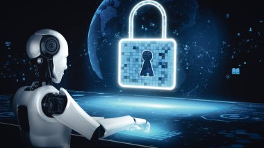 XAI 3d illüstrasyon yapay zeka robot robotu internet sunucusunda veri depolamak için bulut hesaplama teknolojisi kullanır. Makine öğrenme süreciyle analiz edilen gelecekteki bulut bilgi depolama kavramı. 3B görüntüleme