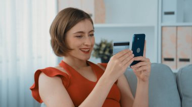 Kadın alışverişi ya da internet pazarında online ödeme modern yaşam tarzı için satış öğeleri arama ve prim siber güvenlik yazılımı tarafından korunan cüzdan çevrimiçi ödeme için kredi kartı kullanma