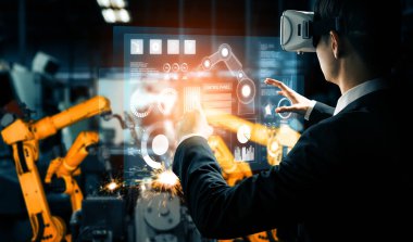 Dijital sanayi ve fabrika robotu teknolojisi için XAI Gelişmiş Robot Kol Sistemi. İnternet ağına bağlı IOT yazılımı kullanarak endüstri mühendisliği tarafından kontrol edilen otomasyon üretim robotu.