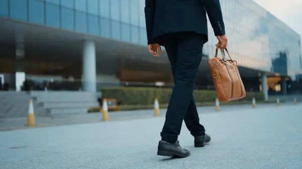 Closeup Skilled Business Man Leg Walking While Holding Bag Cropped — Stock Photo, Image