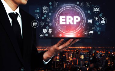 Ticari kaynaklar için Enterprise Resource Management ERP yazılım sistemi modern grafik arayüzünde sunulmuştur. Şirket kaynaklarını yönetmek için geleceğin teknolojisini göstermektedir. uds