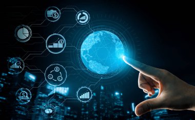 Finans ve Para İşlem Teknolojisi Konsepti. Modern bilgisayar uygulamasında fintech ticaret alışverişini, kar istatistik analizini ve piyasa analisti hizmetini gösteren simgesel grafik arayüzü. uds
