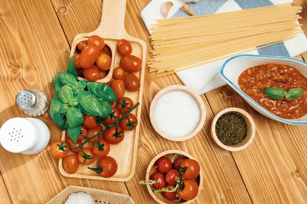 Vista Superior Deliciosos Alimentos Menú Especial Estación Preparación Casera Espaguetis —  Fotos de Stock