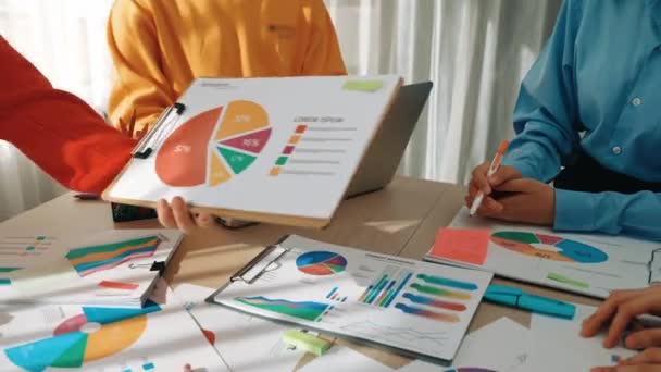 Startup Company Employee Work Together Analyze Colorful Dashboard Paper Financial — Stock Video