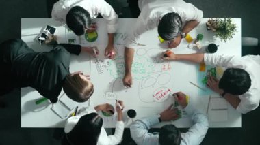 Yetenekli iş adamlarının zihin haritası kullanarak beyin fırtınası yapmak için birlikte çalışmaları zaman aşımı. Yetenekli yöneticinin sürdürülebilir enerji hakkında konuşup tartışmasının havadan görüntüsü. Hizalama.